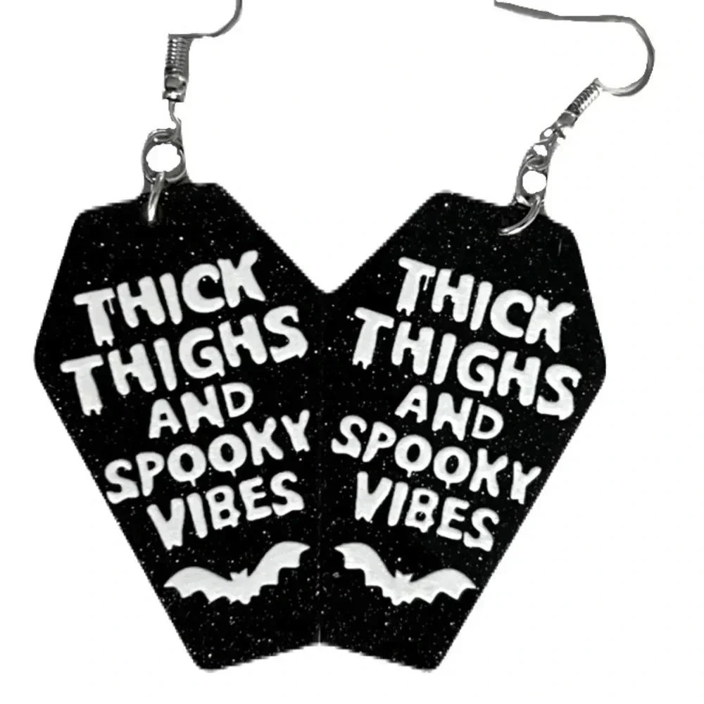 NWOT Unbranded "THICK THIGHS AND SPOOKY VIBES" Earrings/ Coffin shaped/ Bat